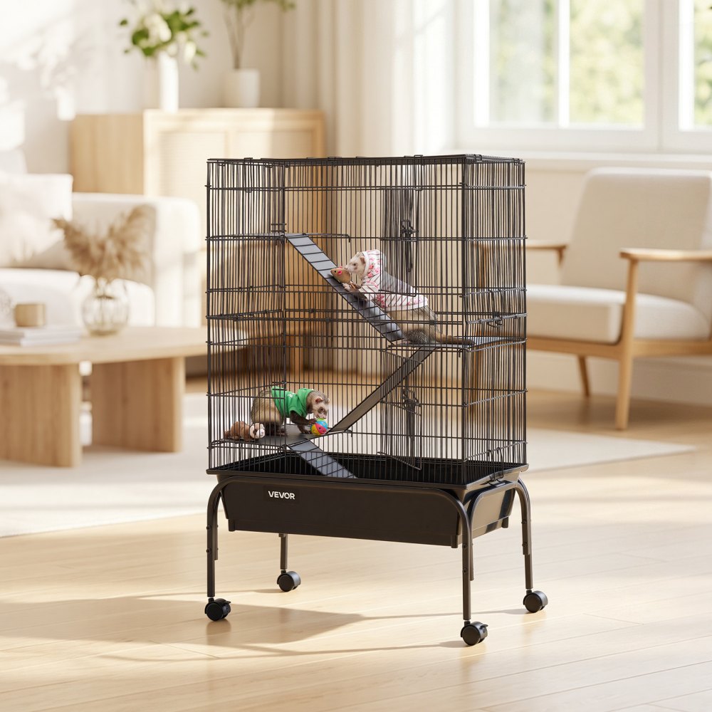VEVOR Metal Small Animal Cage 39.8"H 3-Tier Rolling Ferret Cage On Wheels, 0.55" Wire Spacing Large Cages with Hammock