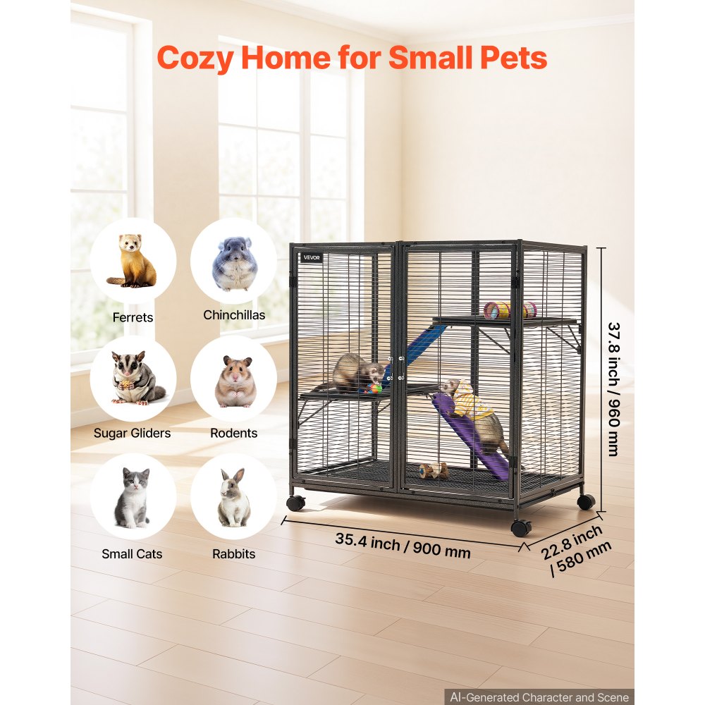 VEVOR Metal Small Animal Cage 37.8"H 3-Tier Rolling Ferret Cage On Wheels, 0.55" Wire Spacing Large Cages with Ramps