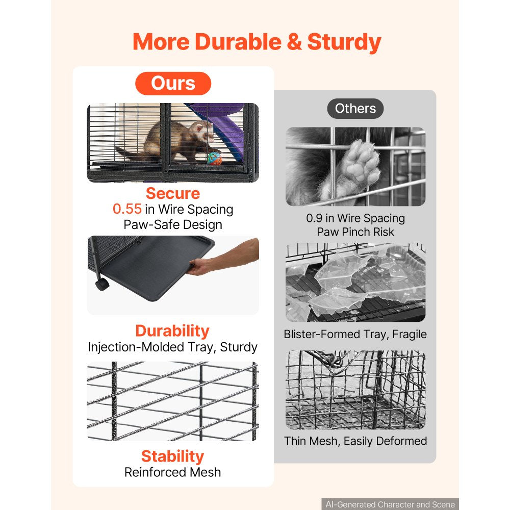 VEVOR Metal Small Animal Cage 37.8"H 3-Tier Rolling Ferret Cage On Wheels, 0.55" Wire Spacing Large Cages with Ramps