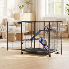 VEVOR Metal Small Animal Cage 37.8"H 3-Tier Rolling Ferret Cage On Wheels, 0.55" Wire Spacing Large Cages with Ramps