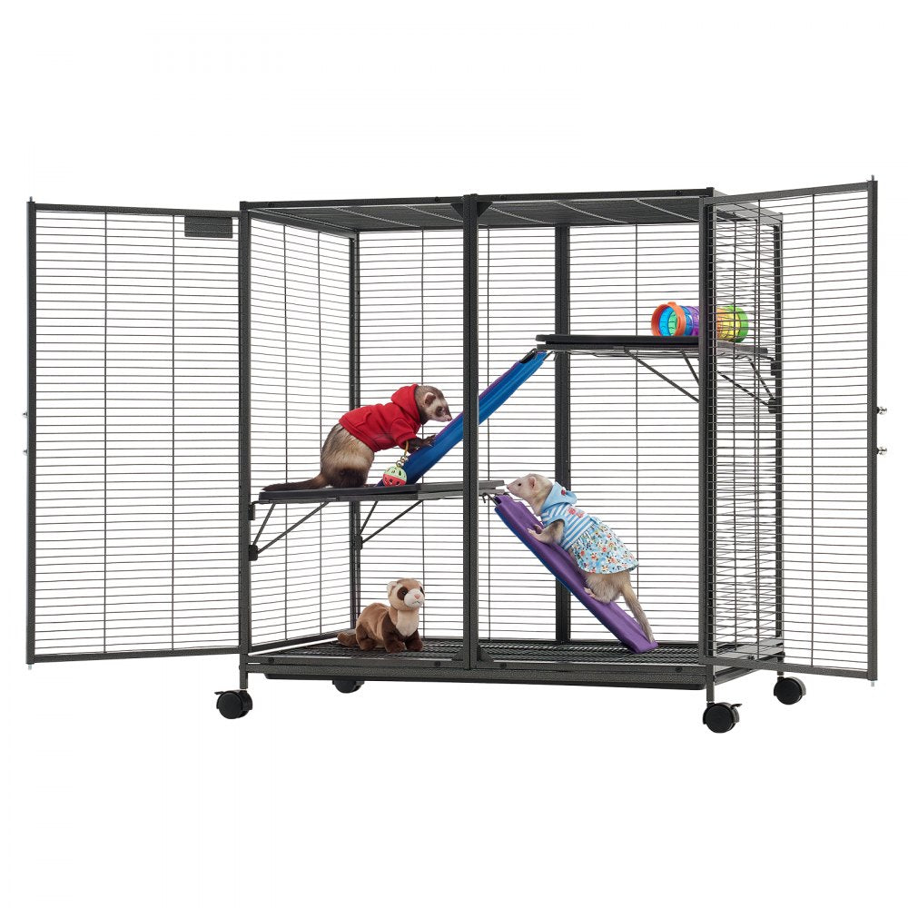 VEVOR Metal Small Animal Cage 37.8"H 3-Tier Rolling Ferret Cage On Wheels, 0.55" Wire Spacing Large Cages with Ramps