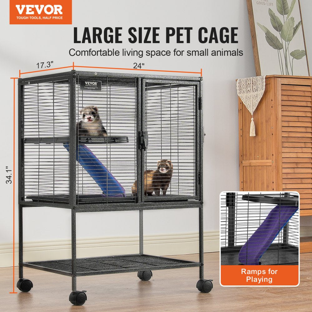 VEVOR 34" Rolling Metal Ferret Cage, Large 2-Tier Cage, Small Animal Cage with Ramps & Tray, Easy to Set up for Pet