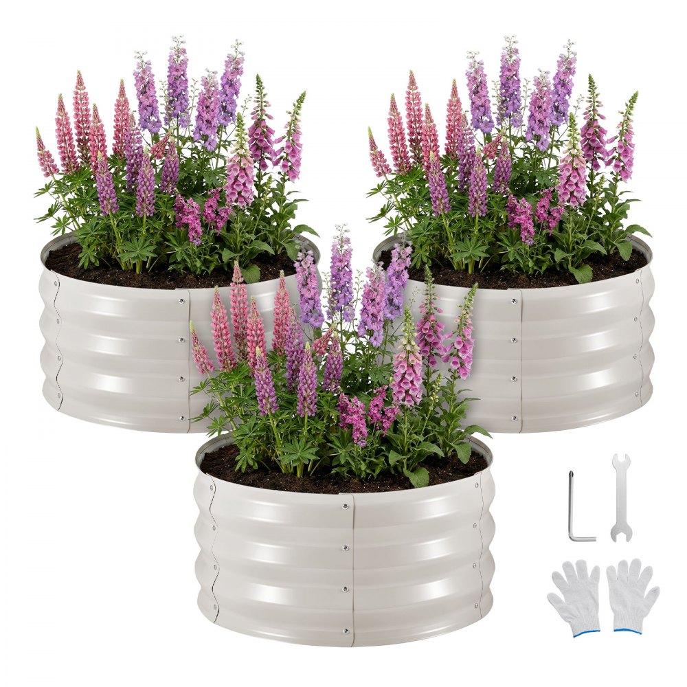 VEVOR 3 Pcs Galvanized Raised Garden Beds, 2 x 2 x 1 ft, Round Metal Planter Boxes Kit Outdoor, Bottomless Elevated
