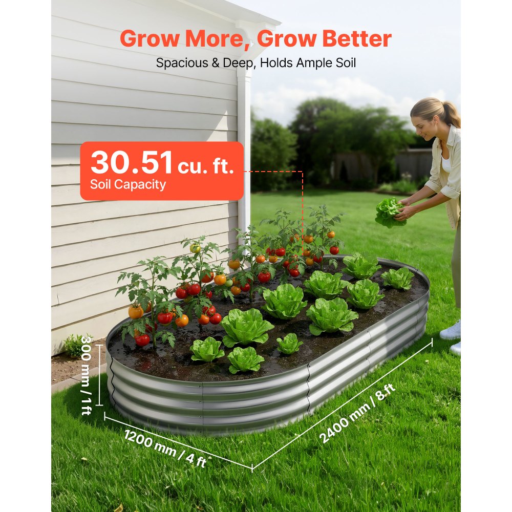 VEVOR Galvanized Raised Garden Bed, 8 x 4 x 1 ft, Oval Metal Planter Box Kit Outdoor, Bottomless Elevated Garden Box