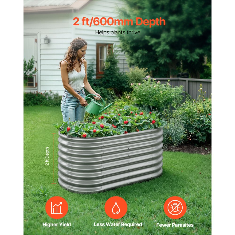 VEVOR Metal Raised Garden Bed, 4 x 2 x 2 ft Oval Outdoor Galvanized Planter Garden Box, Open Bottom Design, Large