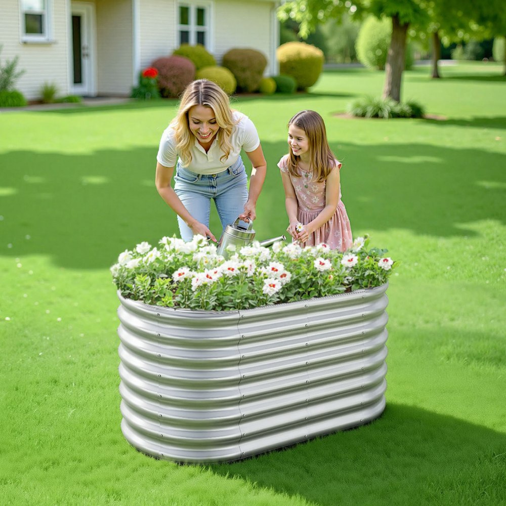 VEVOR Metal Raised Garden Bed, 4 x 2 x 2 ft Oval Outdoor Galvanized Planter Garden Box, Open Bottom Design, Large