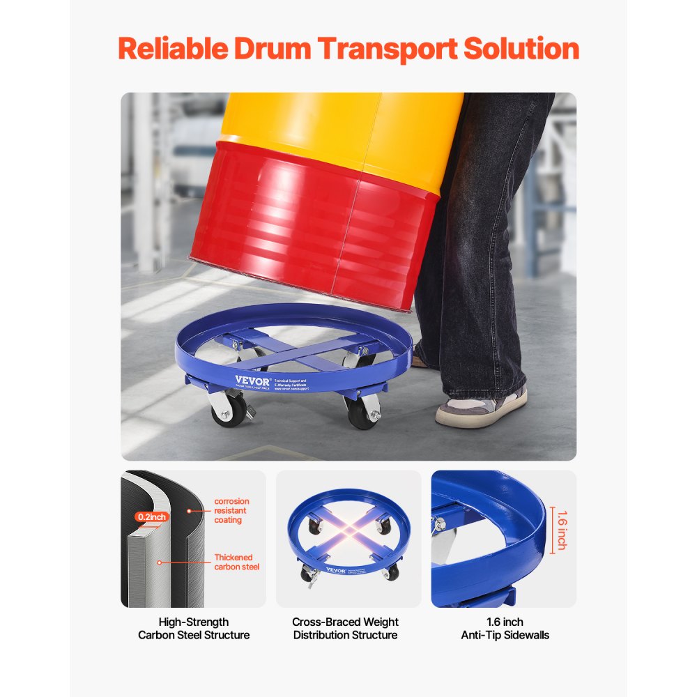 VEVOR 55 Gallon Drum Dolly, 2000 lbs Load Capacity, Heavy-Duty Barrel Dolly with Cross Braces and 4 Swivel Caster
