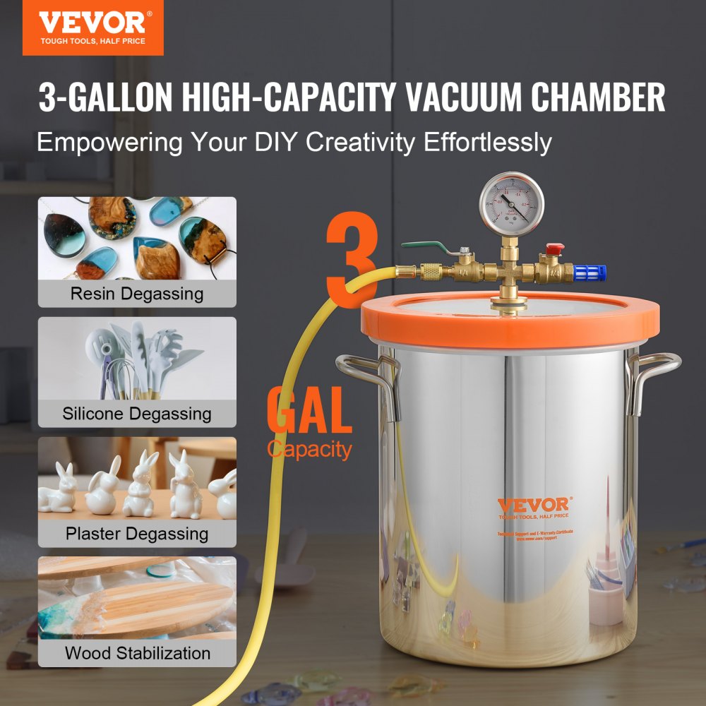 VEVOR 3 Gallon Vacuum Chamber, Upgraded Tempered Glass Lid Vacuum Degassing Chamber, 304 Stainless Steel Chamber, for