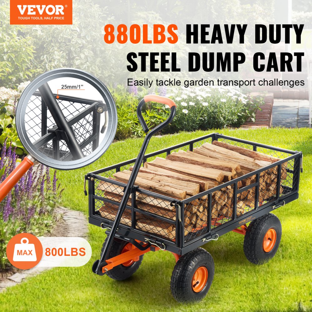 VEVOR Garden Cart, Sturdy Metal Construction with Simple Assembly, Versatile Dump Cart with Dual-Function Handle