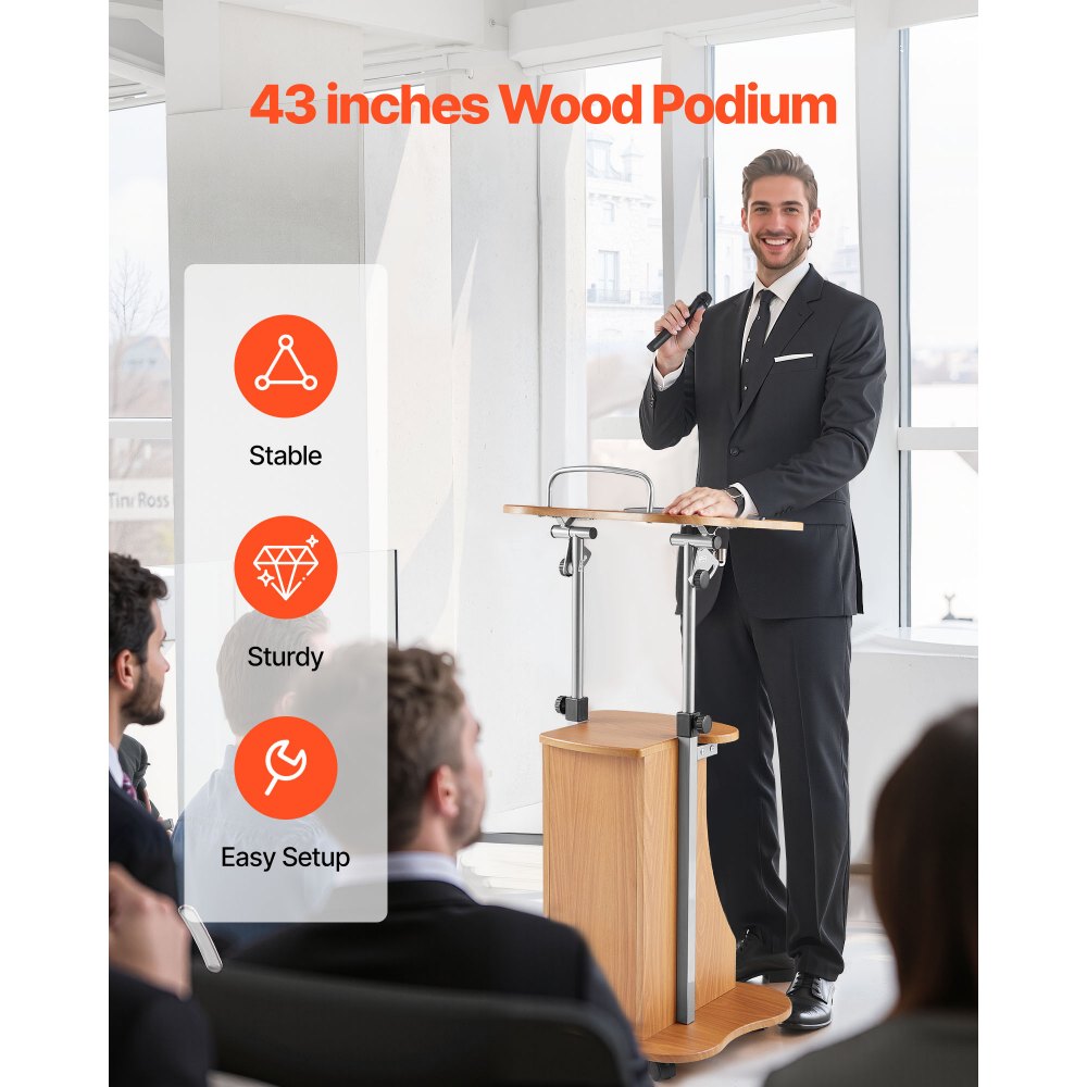 VEVOR Podium Stand, 43-Inch Wooden Lectern, Portable Laptop Desk with Lockable Wheels, Wide Reading Surface and Open
