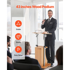 VEVOR Podium Stand, 43-Inch Wooden Lectern, Portable Laptop Desk with Lockable Wheels, Wide Reading Surface and Open