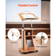 VEVOR Podium Stand, 43-Inch Wooden Lectern, Portable Laptop Desk with Lockable Wheels, Wide Reading Surface and Open