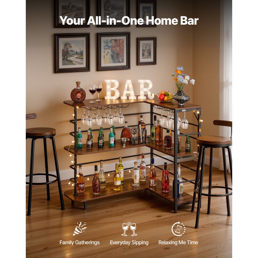 VEVOR Home Bar Unit, L-Shaped Wine Bar Cabinet Table 3-Tier with Storage Shelves, Adjustable Foot Pads, LED Light