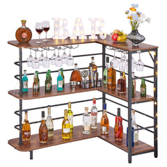 VEVOR Home Bar Unit, L-Shaped Wine Bar Cabinet Table 3-Tier with Storage Shelves, Adjustable Foot Pads, LED Light