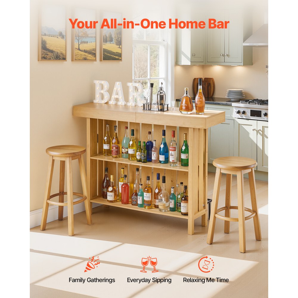 VEVOR Home Bar Unit, Wine Bar Cabinet Table 3-Tier with Storage Shelves, Opener Storage Box & Adjustable Foot Pads