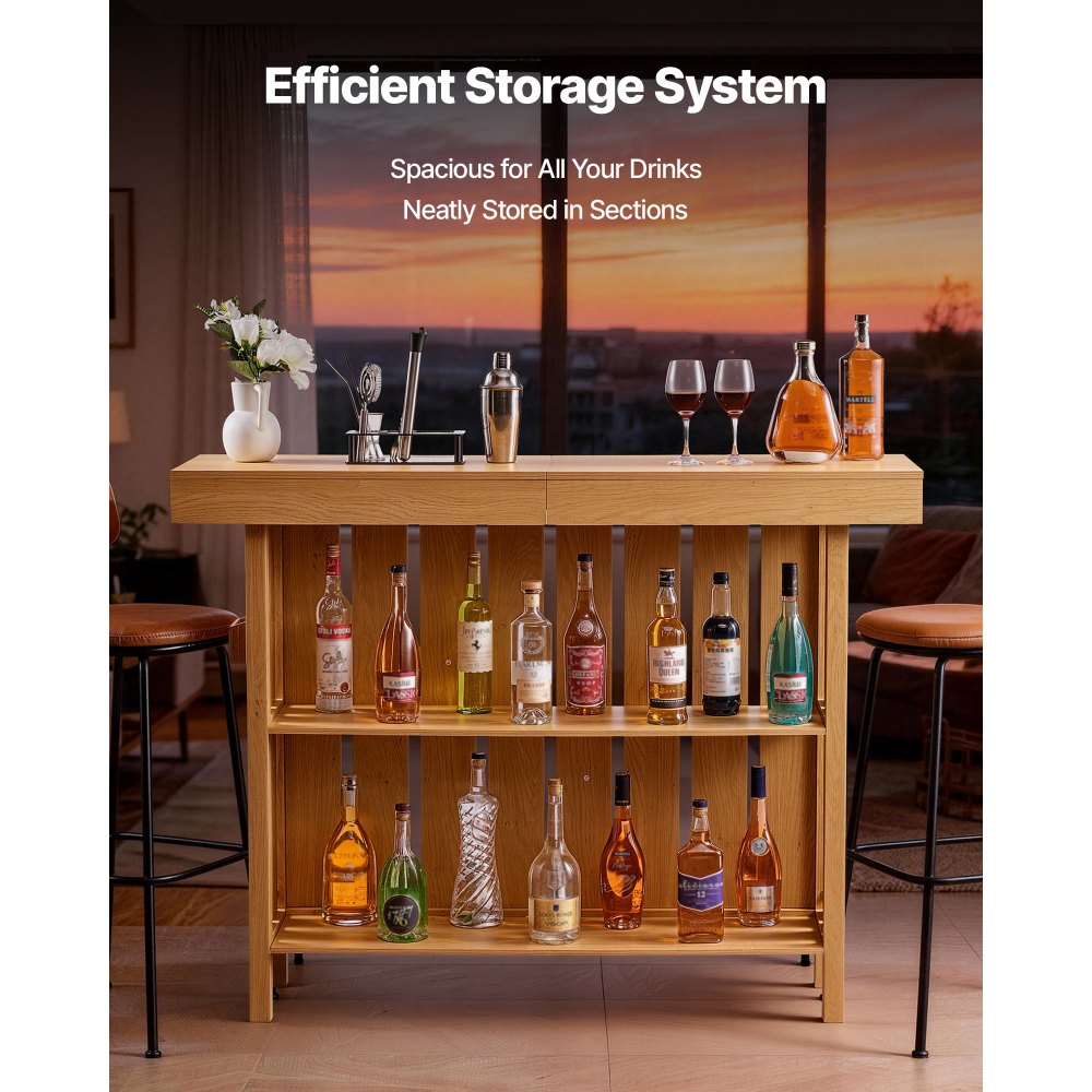 VEVOR Home Bar Unit, Wine Bar Cabinet Table 3-Tier with Storage Shelves, Opener Storage Box & Adjustable Foot Pads