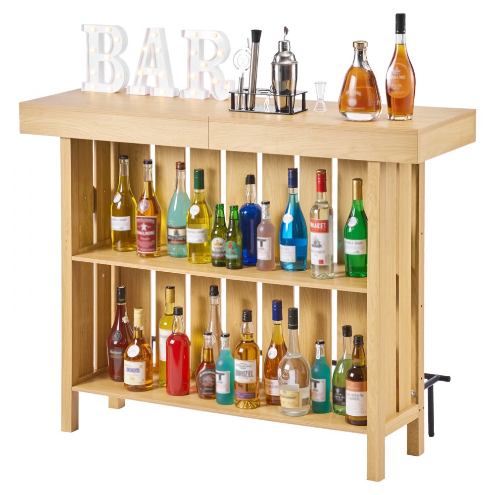 VEVOR Home Bar Unit, Wine Bar Cabinet Table 3-Tier with Storage Shelves, Opener Storage Box & Adjustable Foot Pads