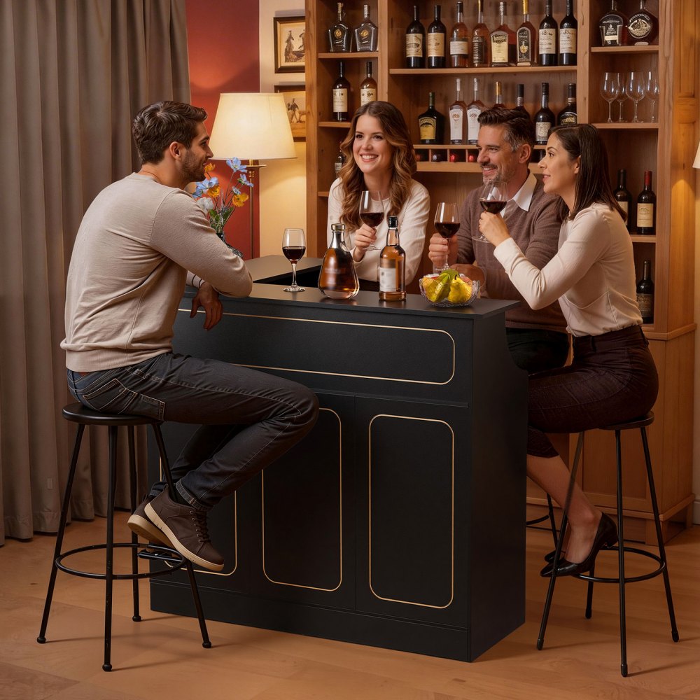 VEVOR Home Bar Unit, L-Shaped Wine Bar Cabinet Table 4-Tier with Storage Shelves, Wine Glass Holder, 300 lbs Max