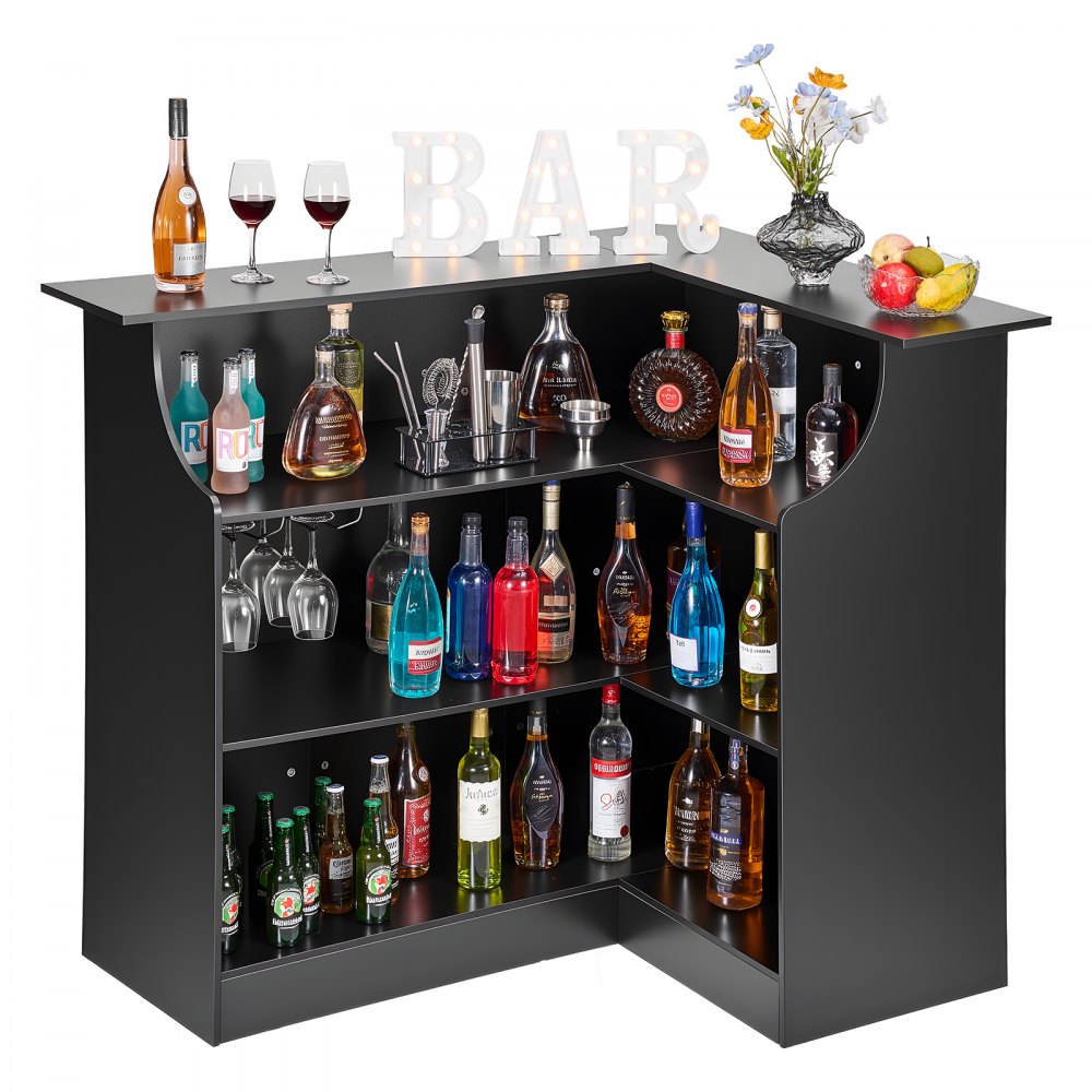 VEVOR Home Bar Unit, L-Shaped Wine Bar Cabinet Table 4-Tier with Storage Shelves, Wine Glass Holder, 300 lbs Max