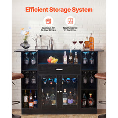VEVOR Home Bar Unit, Wine Bar Cabinet Table 4-Tier with Storage Drawer Shelves, Wine Glass Holder, Bottle Rack, LED