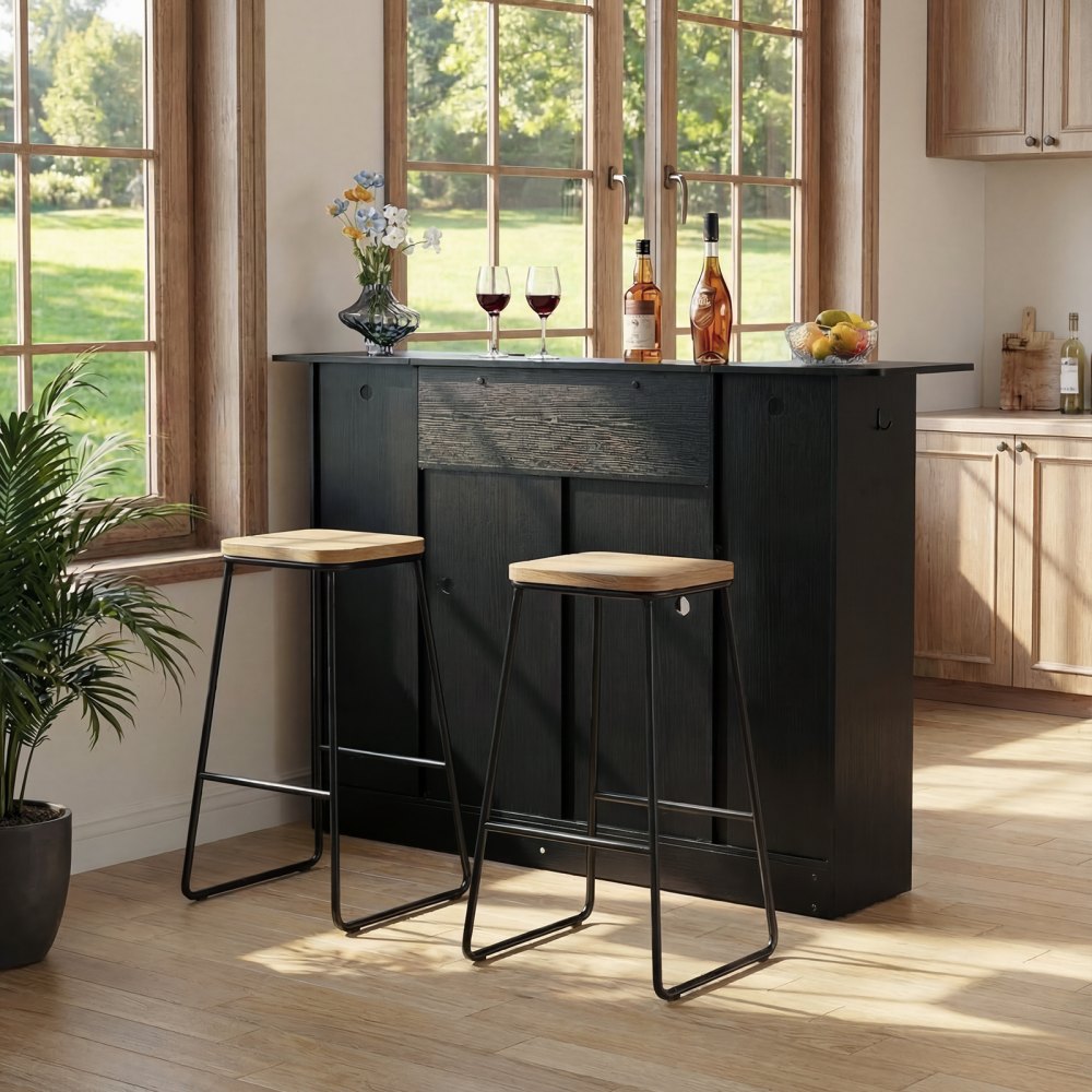 VEVOR Home Bar Unit, Wine Bar Cabinet Table 4-Tier with Storage Drawer Shelves, Wine Glass Holder, Bottle Rack, LED
