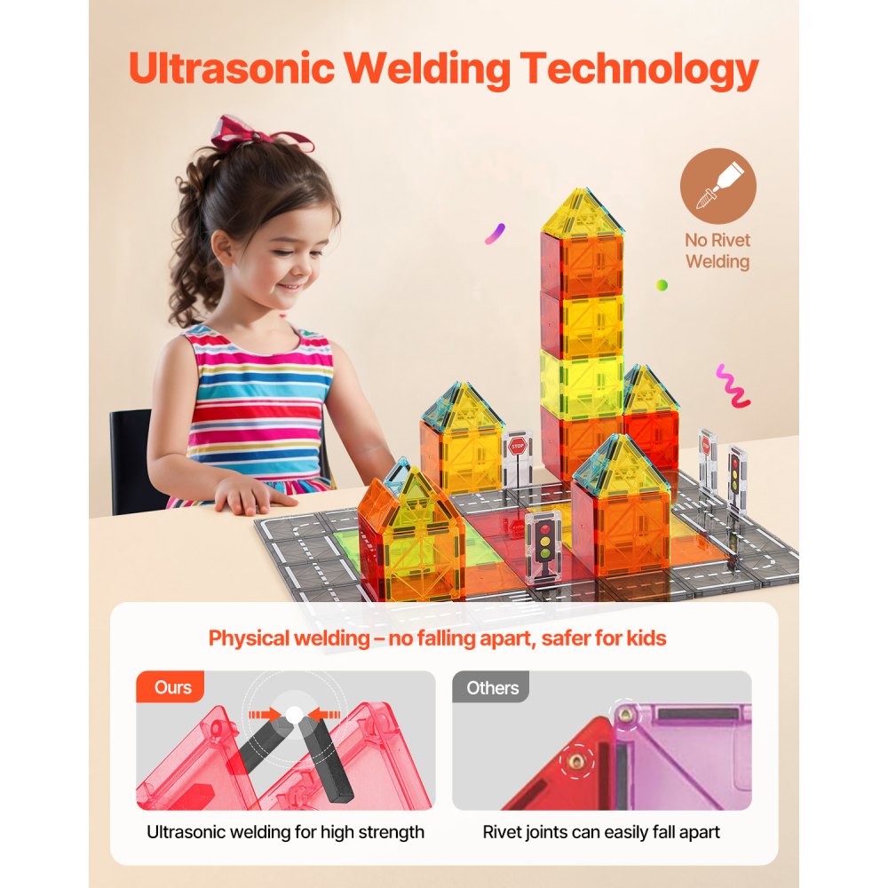 VEVOR Magnetic Tiles, 56 PCS Magnetic Road Building Blocks for Kids, Magnet Building Set with Storage Bag, STEM Sensory