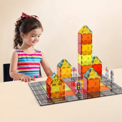 VEVOR Magnetic Tiles, 56 PCS Magnetic Road Building Blocks for Kids, Magnet Building Set with Storage Bag, STEM Sensory