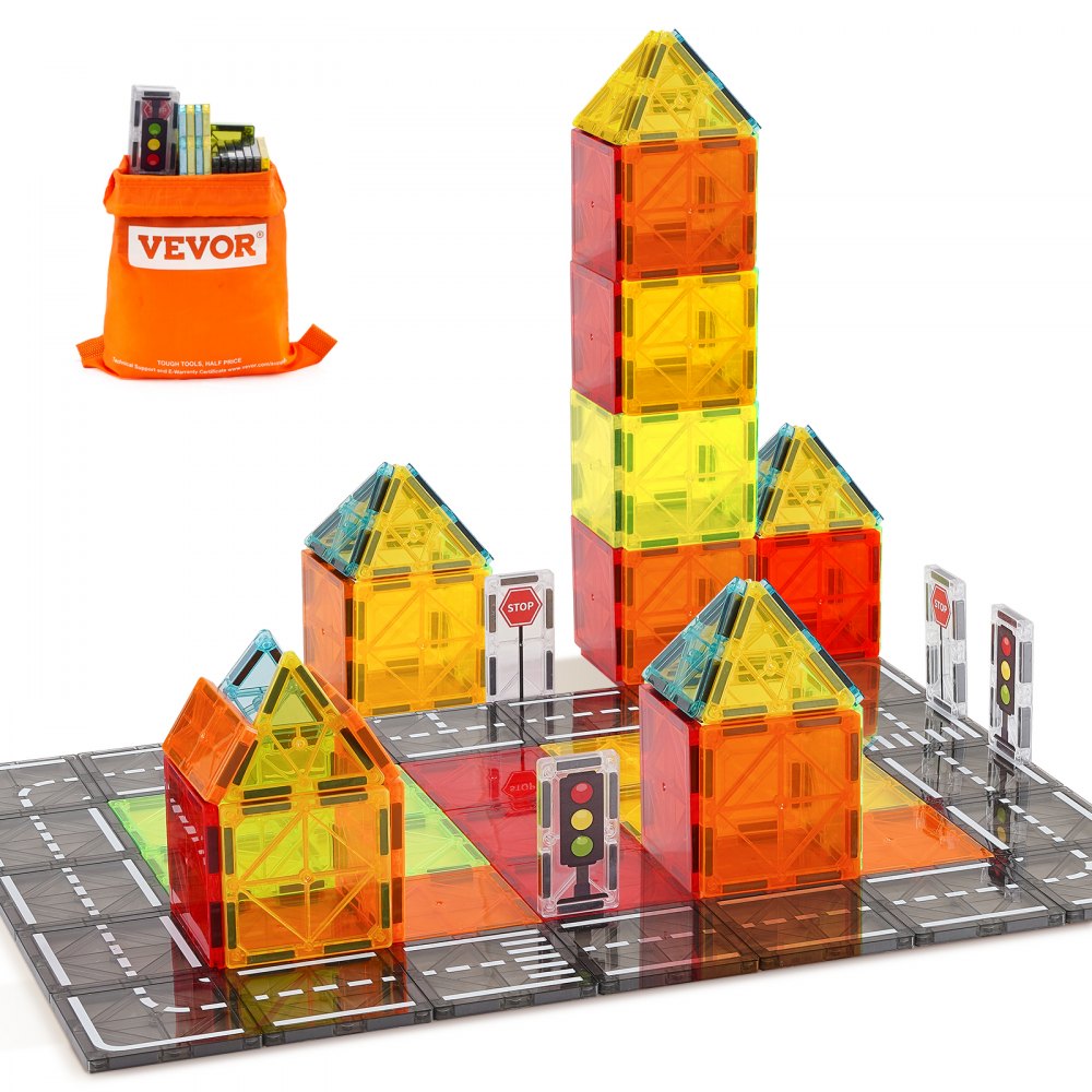 VEVOR Magnetic Tiles, 56 PCS Magnetic Road Building Blocks for Kids, Magnet Building Set with Storage Bag, STEM Sensory