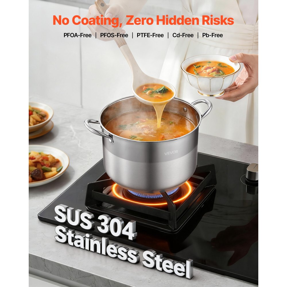 VEVOR Stainless Steel Stock Pot, 12-Quart Stainless Steel Stockpot with Glass Lid, PFOA-Free, PFAS-Free, Compatible
