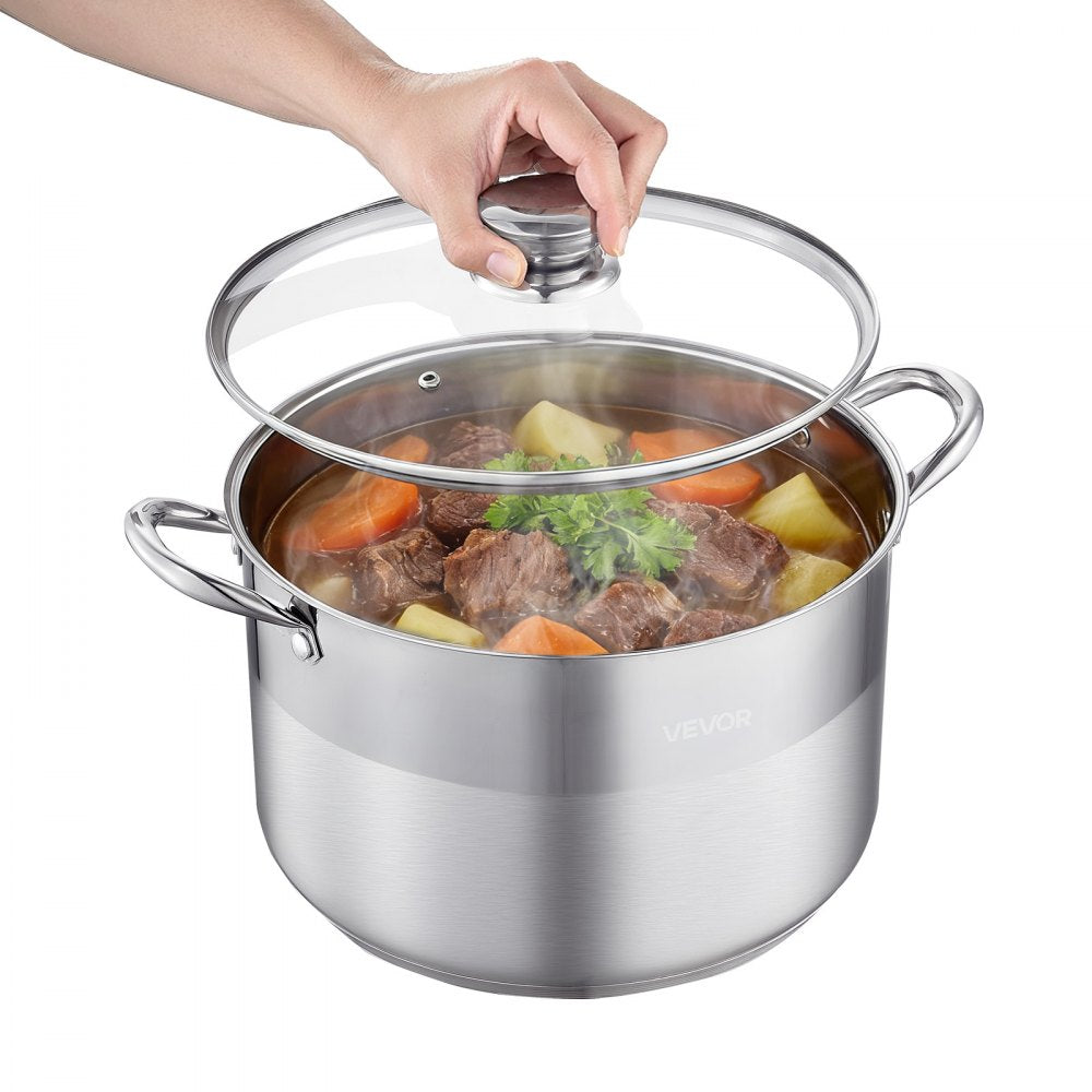 VEVOR Stainless Steel Stock Pot, 12-Quart Stainless Steel Stockpot with Glass Lid, PFOA-Free, PFAS-Free, Compatible