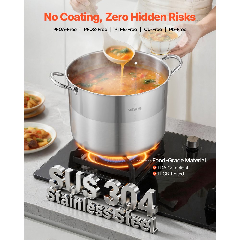 VEVOR Stainless Steel Stock Pot, 16-Quart Stainless Steel Stockpot with Glass Lid, PFOA-Free, PFAS-Free, Compatible