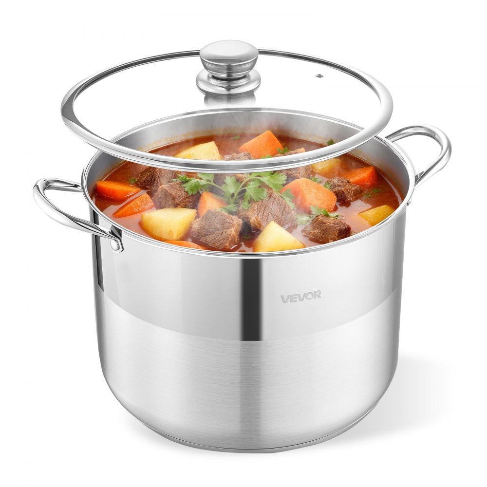 VEVOR Stainless Steel Stock Pot, 16-Quart Stainless Steel Stockpot with Glass Lid, PFOA-Free, PFAS-Free, Compatible