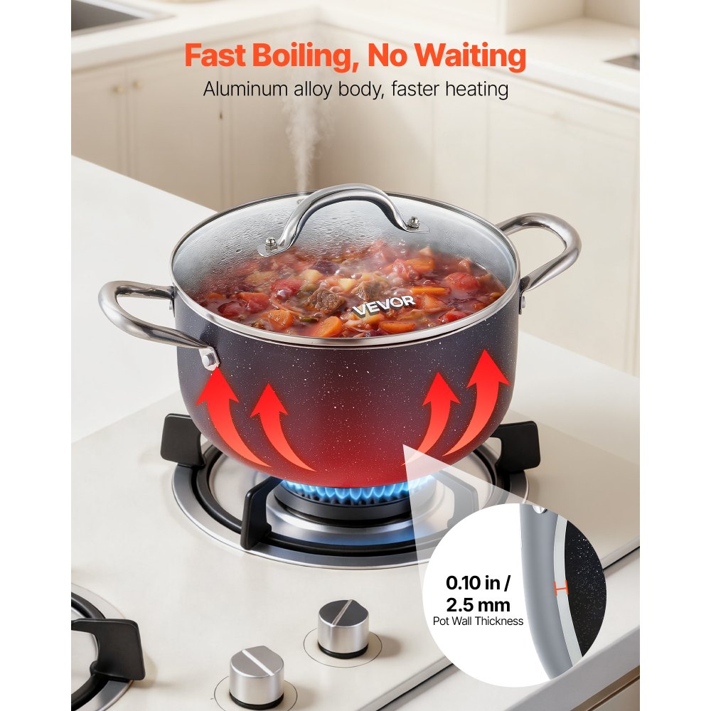 VEVOR Aluminum Stock Pot, 6-Quart Nonstick Ceramic Coated Pot with Glass Lid, PFOA-Free, PFAS-Free, Compatible with Gas