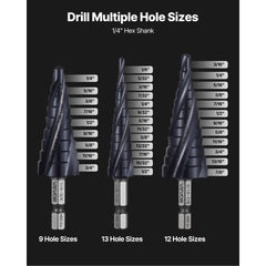 VEVOR Step Drill Bit Set, 1/8 - 7/8 inch, 3 Pieces Step Drill Bits, 1/4 inch Hex Shank, TiAlN Coating Cobalt HSS High