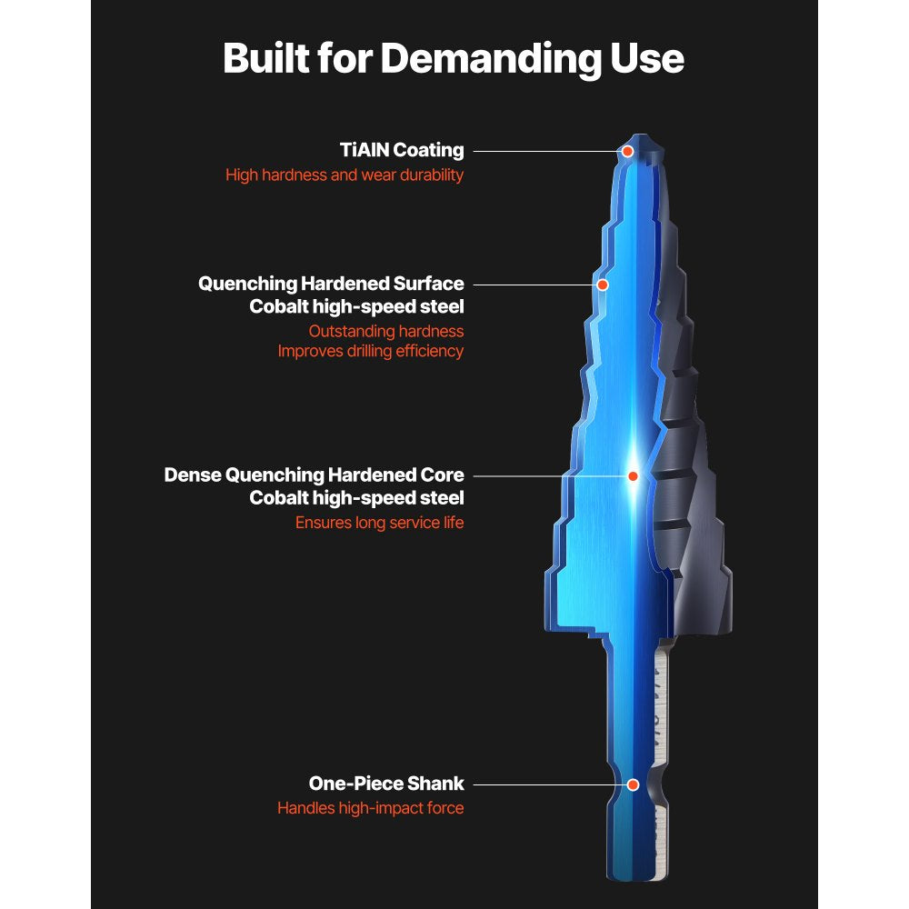 VEVOR Step Drill Bit Set, 1/8 - 7/8 inch, 3 Pieces Step Drill Bits, 1/4 inch Hex Shank, TiAlN Coating Cobalt HSS High