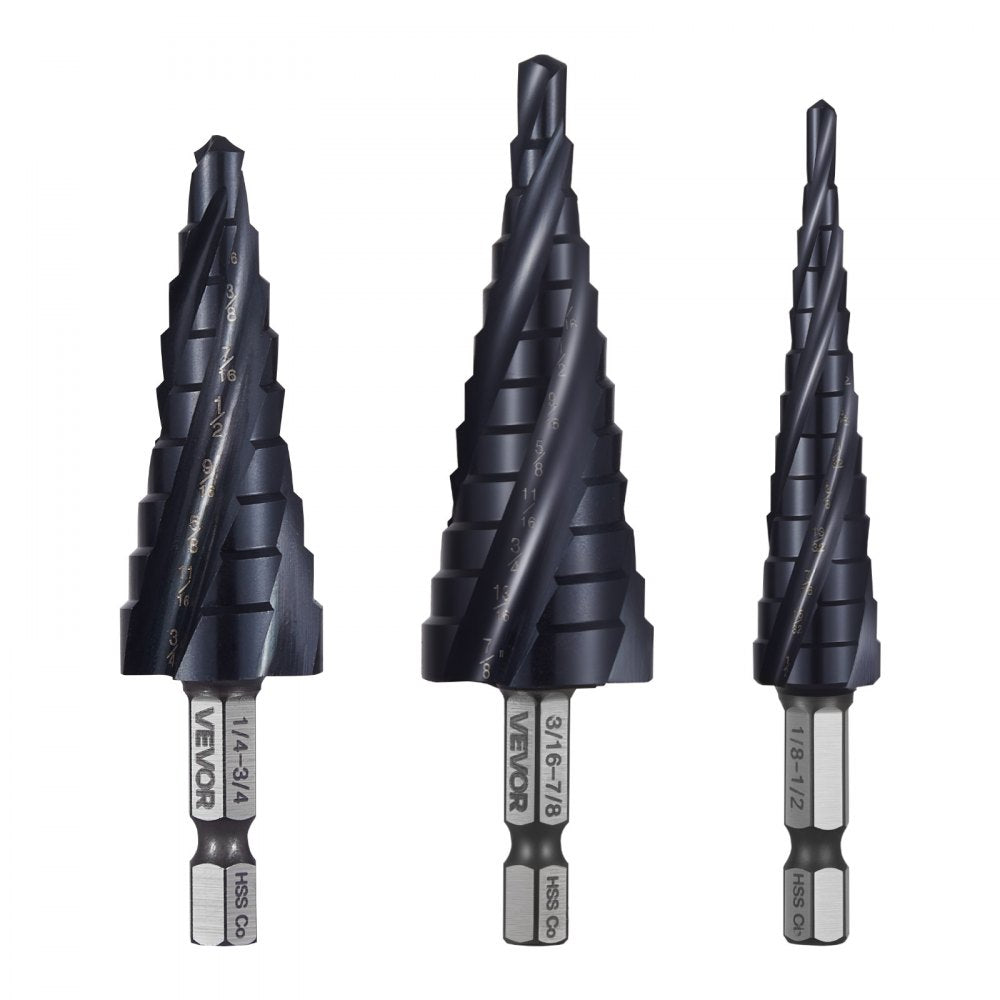 VEVOR Step Drill Bit Set, 1/8 - 7/8 inch, 3 Pieces Step Drill Bits, 1/4 inch Hex Shank, TiAlN Coating Cobalt HSS High
