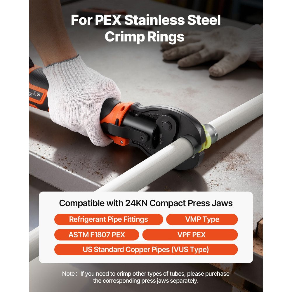 VEVOR Press Tool, 18V Electric Pipe Crimping Tool for 1/2" 3/4" 1" PEX Pipe Stainless Steel Rings, 24KN PEX Press Tool