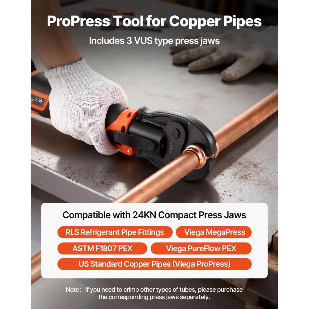 VEVOR Press Tool Kit, 18V Electric Pipe Crimping Tool for 1/2", 3/4", 1" Copper Tubes, 24KN Press Tool Compatible with