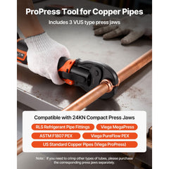 VEVOR Press Tool Kit, 18V Electric Pipe Crimping Tool for 1/2", 3/4", 1" Copper Tubes, 24KN Press Tool Compatible with