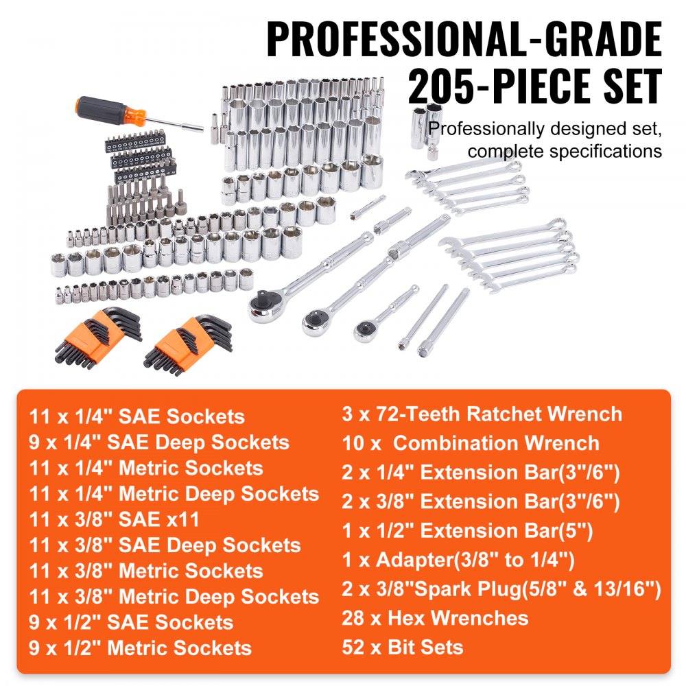 VEVOR Mechanics Tool Set and Socket Set, 1/4" 3/8" 1/2" Drive Deep and Standard Sockets, 205 Pcs SAE and Metric