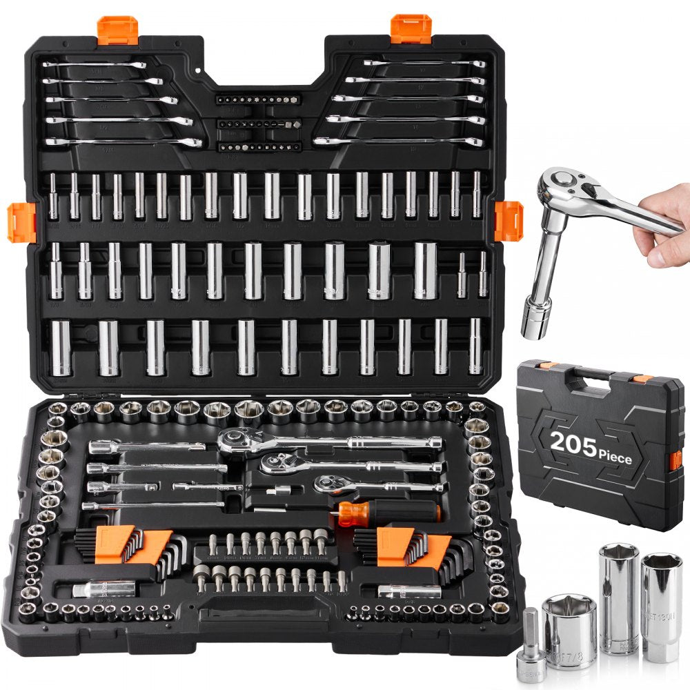 VEVOR Mechanics Tool Set and Socket Set, 1/4" 3/8" 1/2" Drive Deep and Standard Sockets, 205 Pcs SAE and Metric