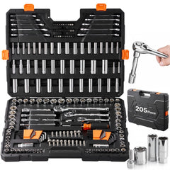 VEVOR Mechanics Tool Set and Socket Set, 1/4" 3/8" 1/2" Drive Deep and Standard Sockets, 205 Pcs SAE and Metric