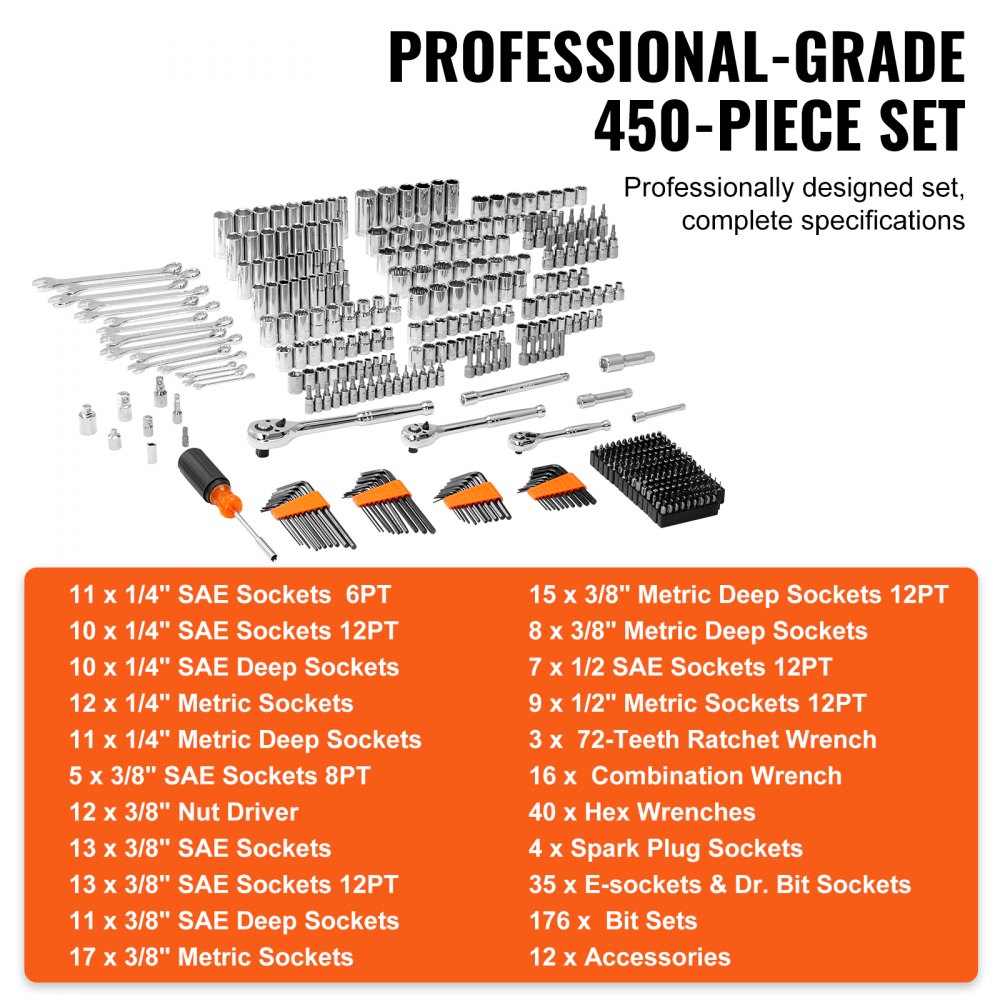 VEVOR Mechanics Tool Set and Socket Set, 1/4" 3/8" 1/2" Drive Deep and Standard Sockets, 450 Pcs SAE and Metric