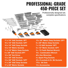 VEVOR Mechanics Tool Set and Socket Set, 1/4" 3/8" 1/2" Drive Deep and Standard Sockets, 450 Pcs SAE and Metric