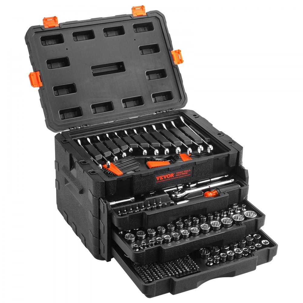 VEVOR Mechanics Tool Set and Socket Set, 1/4" 3/8" 1/2" Drive Deep and Standard Sockets, 450 Pcs SAE and Metric
