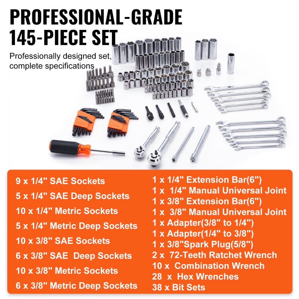 VEVOR Mechanics Tool Set and Socket Set, 1/4" and 3/8" Drive Deep and Standard Sockets, 145 Pcs SAE and Metric Mechanic