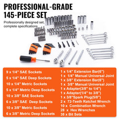 VEVOR Mechanics Tool Set and Socket Set, 1/4" and 3/8" Drive Deep and Standard Sockets, 145 Pcs SAE and Metric Mechanic