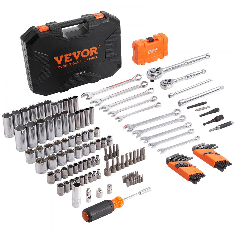 VEVOR Mechanics Tool Set and Socket Set, 1/4" and 3/8" Drive Deep and Standard Sockets, 145 Pcs SAE and Metric Mechanic