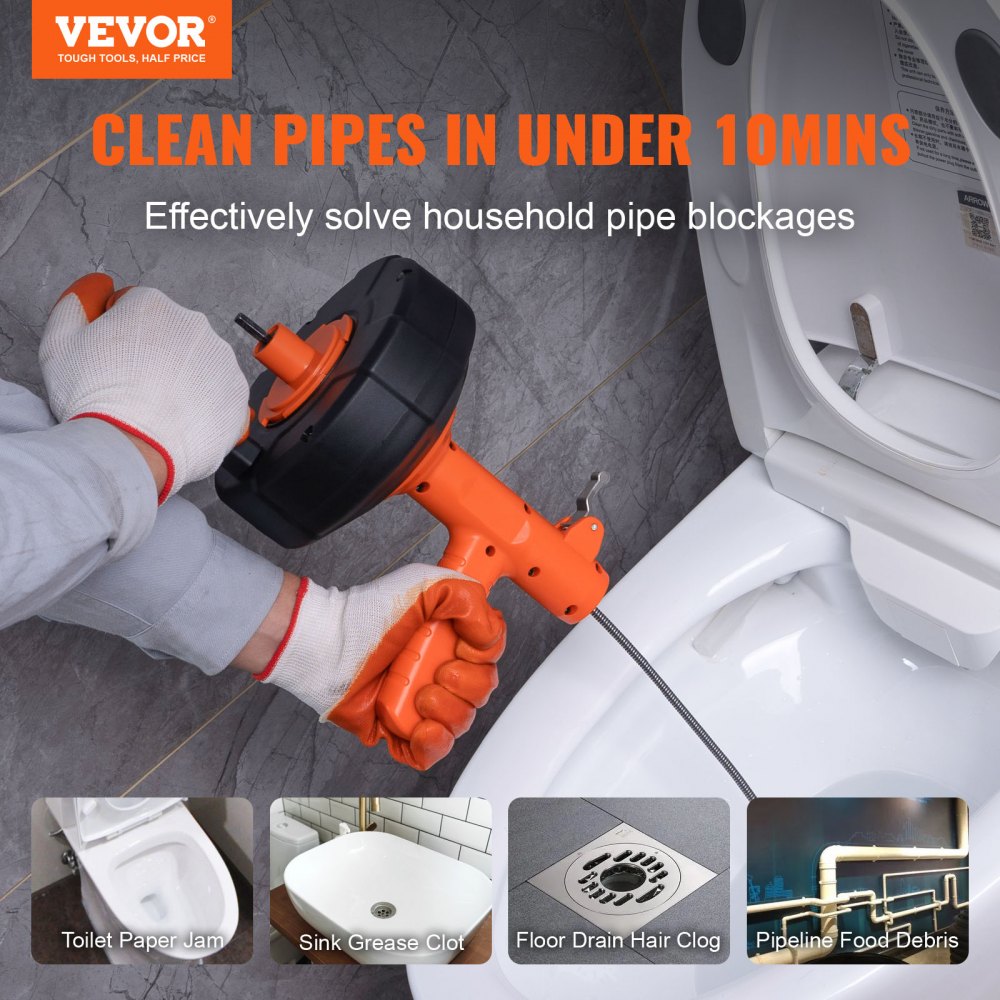 VEVOR Drain Auger 25Ft, Plumbing Snake Auto Feed, Plumbers Snake with Drill Attachment, Pipe Snake Drain Clog Remover