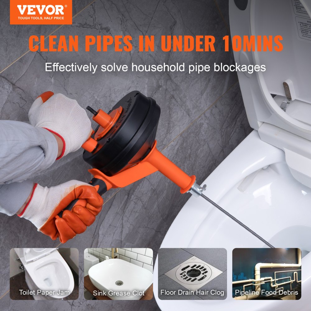VEVOR Drain Auger 25Ft, Plumbing Snake with Drill Attachment, Plumbers Snake Drain Clog Remover for Kitchen Bathroom